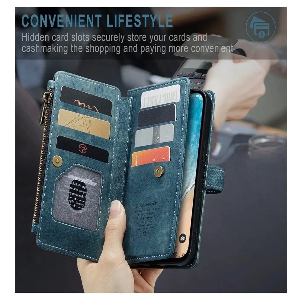 CaseMe Blue Vintage Leather Wallet Phone Case Zipper Card Holder Wristlet Strap